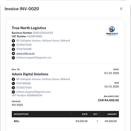 An invoice created in BMS